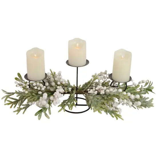 Northlight Frosted Mixed Foliage and Berries Christmas Triple Pillar Candle Holder - 26" Black {1}