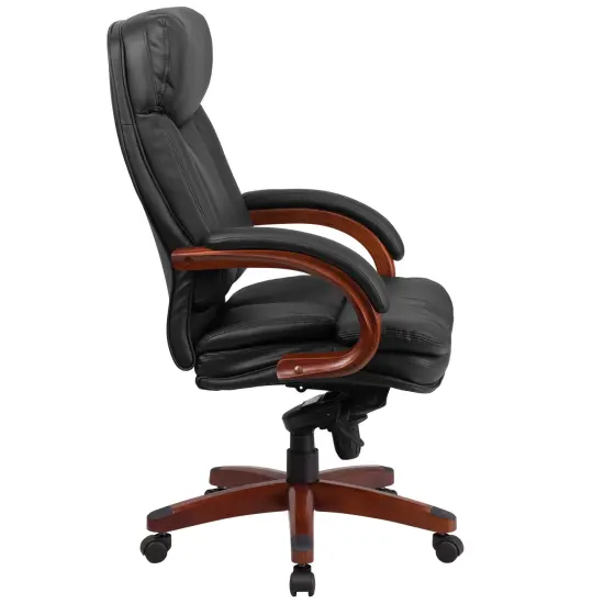 Emma and Oliver High Back Leather Executive Swivel Ergonomic Office Chair with Synchro-Tilt Mechanism, Mahogany Wood Base and Arms Black {5}