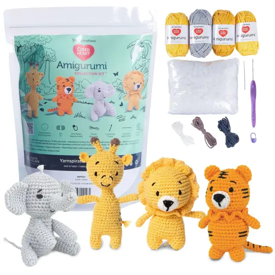 Red Heart Amigurumi Crochet Kit Collection - Safari-Giraffe, Lion, Tiger & Elephant {1}