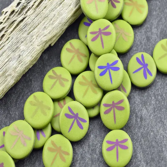 *8* 16mm Matte Satin Olive Green Metallic Iris Dragonfly Coin Beads {2}
