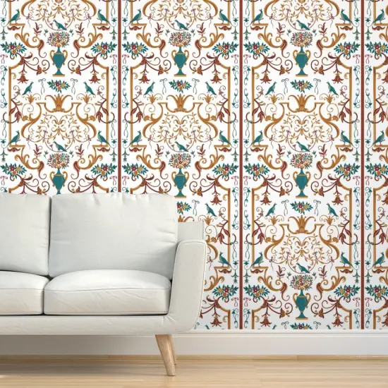 Peel & Stick Wallpaper 2FT Wide White Floral Birds Ribbons Vase Italian Naples Baroque Palace Villa Mediterranean Botanical Fresco Rococo Large Scale Custom Removable Wallpaper by Spoonflower {5}