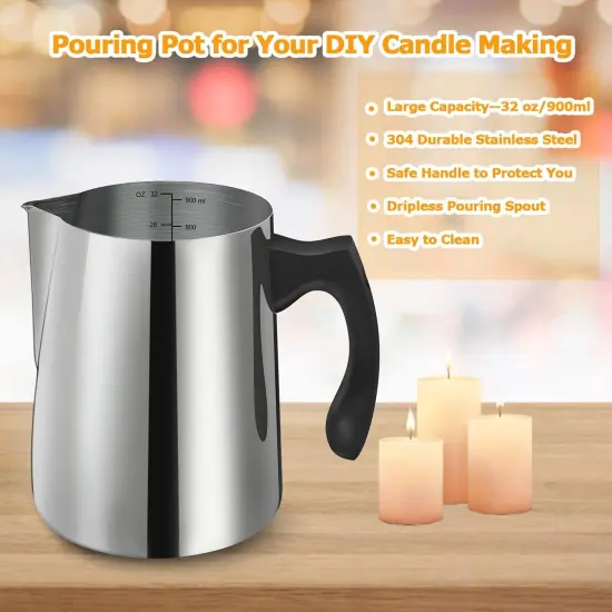 Candle Making Pouring Pot, 32Oz Double Boiler Wax Melting Pot, 304 Stainless Steel Candle Making Pitcher with Heat-Resistant Handle and Dripless Pouring Spout Design Kit {6}