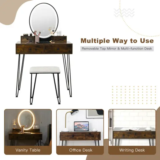 Vanity Table Set with 3-Color Lighted Dimmable Mirror-Brown {5}