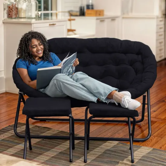 Emma and Oliver Janey Folding Double Saucer Chair with 2 Ottomans and Steel Frame for Dorm or Bedroom AquaFabric/SoftGold {12}