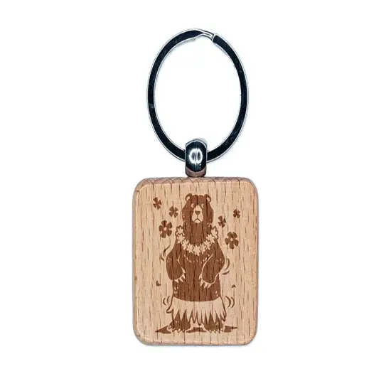 Luau Hawaiian Bear in Hula Skirt with Lei Engraved Wood Square Keychain Tag Charm {1}