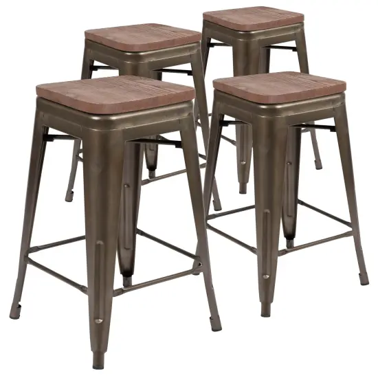 Merrick Lane Brooklyn 24 Inch Tall Stackable Metal Bar Counter Stool With Textured Elm Wood Seat In Set Of 4 Gun Metal {2}