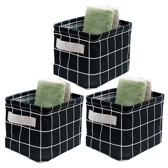 3 Pieces Storage Basket Bins Canvas Mini Storage Cubes Storage Basket for Makeup, Toys Liners, Books Storage Baskets with Handles for Shelves & Desks(3 Black) {2}