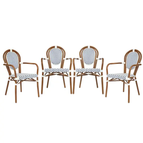 Merrick Lane Celia Set of Four Stacking Thonet Bistro Style Chair with Arms, PE Rattan Seat, and Metal Frame for Indoor/Outdoor Use White&Navy/Natural {2}