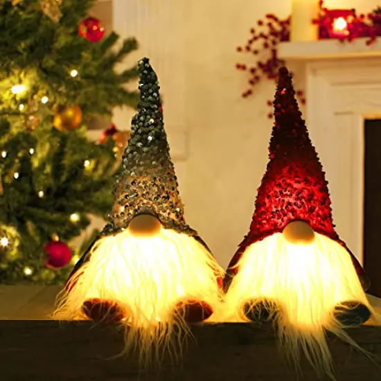 12" Lighted Christmas Gnome, Handmade Sequins Hat Scandinavian Swedish Tomte, Light Up Plush Elf Toy Holiday Present, Battery Operated Winter Tabletop Christmas Decorations, 2 Set {1}