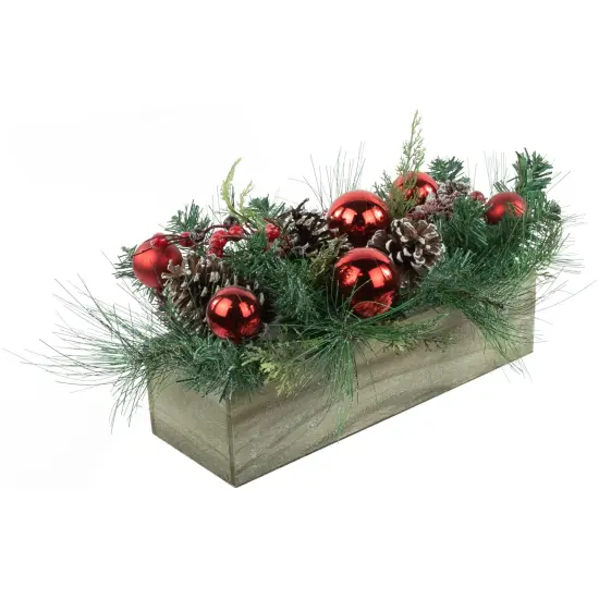 Northlight Mixed Pine and Red Ornaments Artificial Christmas Arrangement in Wood Planter - 24" Green {3}
