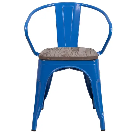 Emma and Oliver Metal Chair with Wood Seat and Arms Blue {2}