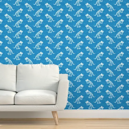Pre-Pasted Wallpaper 2FT Wide Blue Dinosaur Tyrannosaurus Rex Trex Dino Bones Kid Small Scale Jurassic Custom Pre-pasted Wallpaper by Spoonflower {5}