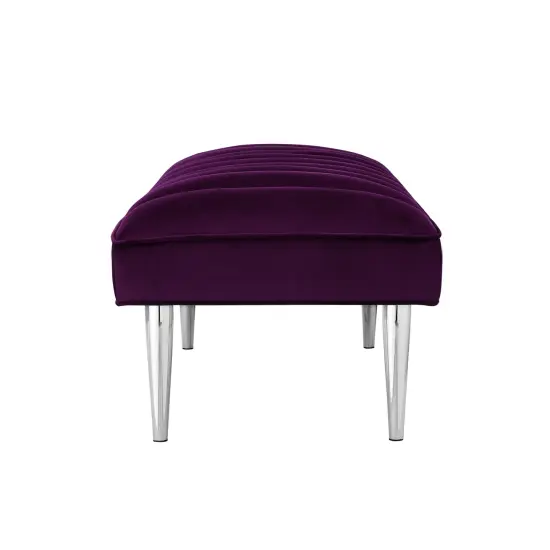 Denver Velvet Channel Tufted Bench with Mirrorred Lacquer Finish With Gold/Chrome Legs Purple/Chrome {4}