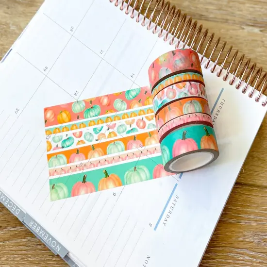 Pastel Boho Teal Pink & Orange Pumpkins Washi Tape Set (#W068) {4}