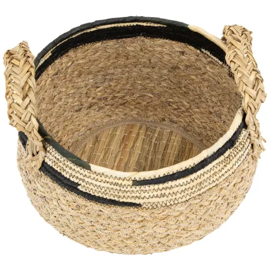 Northlight Set of 3 Khaki and Black Braid Weave Seagrass Storage Baskets with Handles 13.75" Brown {4}