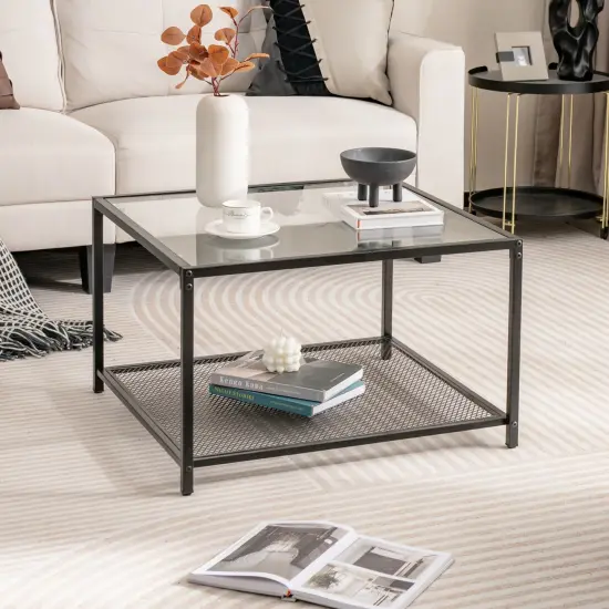 Costway Glass Coffee Table 27.5 Inch 2-Tier Square with Mesh Shelf Living Room Grey/Transparent {9}