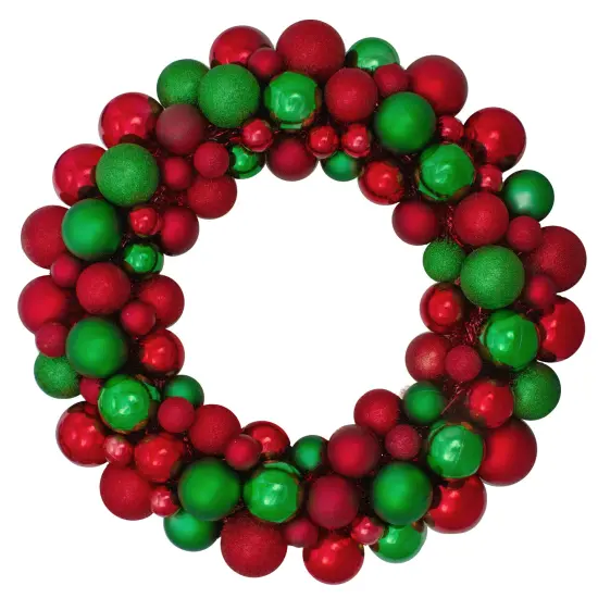 Northlight 3-Finish Shatterproof Ball Christmas Wreath - 24" - Red and Green - Unlit {1}