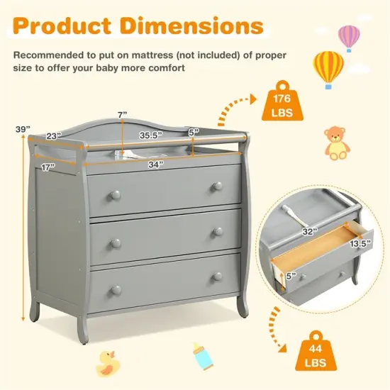 Baby Changing Table Infant Diaper with 3 Drawers and Safety Belt Grey {5}