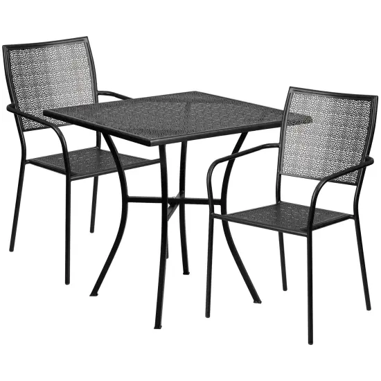 Emma and Oliver Commercial Grade 28" Square Metal Garden Patio Table Set w/ 2 Square Back Chairs Black {1}