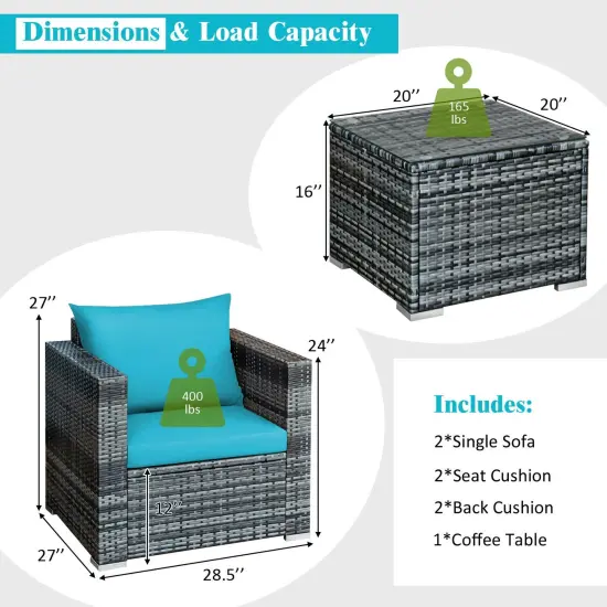 3 Pcs Patio Rattan Furniture Bistro Sofa Set with Cushioned Turquoise {5}