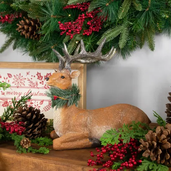 Northlight Glittered Sitting Deer with Pine Neck Wreath Christmas Decoration - 10" Brown {3}