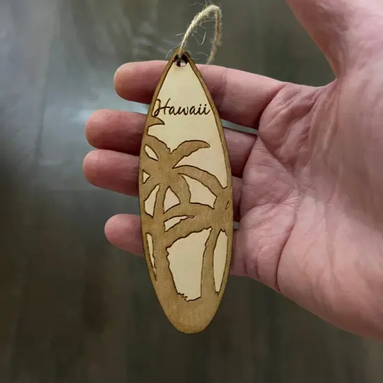 Ornament - Hawaii Palm Tree Surfboard - Raw Wood Maple {4}