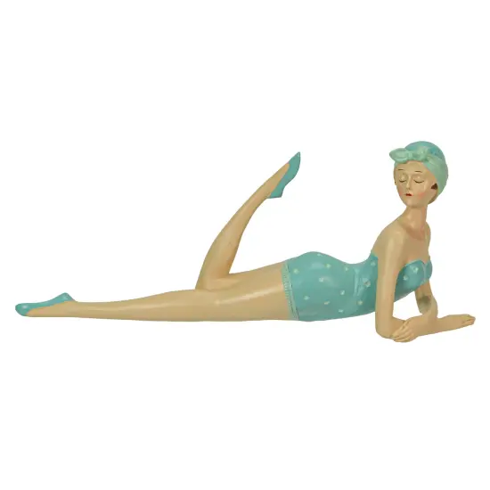 Retro Bathing Beauty Beach Girl Posing In Sage Green Polka Dot Swimsuit Figurine {1}