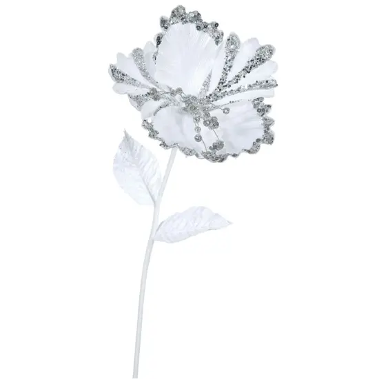 3PK - 23" White Hibiscus 8" Glitter Flower Decorative Christmas Pick {1}
