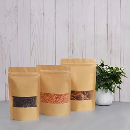 50 Pcs Self Sealing Sealable Packaging Paper Bags Waterproof Transparent Window Brown Stand Up Zipper Pouches Can Reusable for Food Tea Coffee bags Beans Nuts Seeds Dried Fruits Pouch (5.9"x8.6")&hellip; {4}