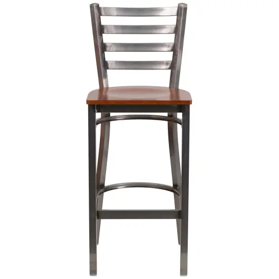 Emma and Oliver 2 Pack Clear Coated Ladder Back Metal Restaurant Barstool WalnutWood/ClearCoat {9}