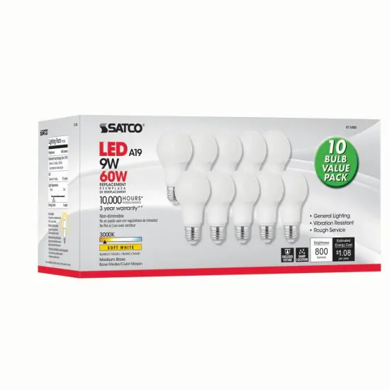 10Pk - Satco 9w 120v A19 LED Light Bulb 3000k E26 Medium base - 60w-equiv {1}