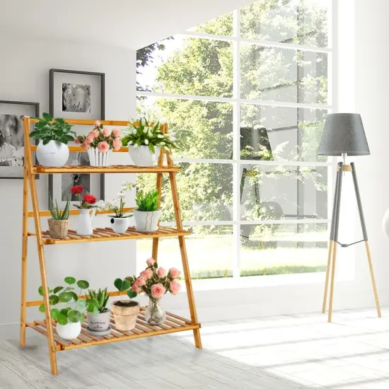 3-Tier Wicker Foldable Plant Stand with Display Shelf Rack {2}