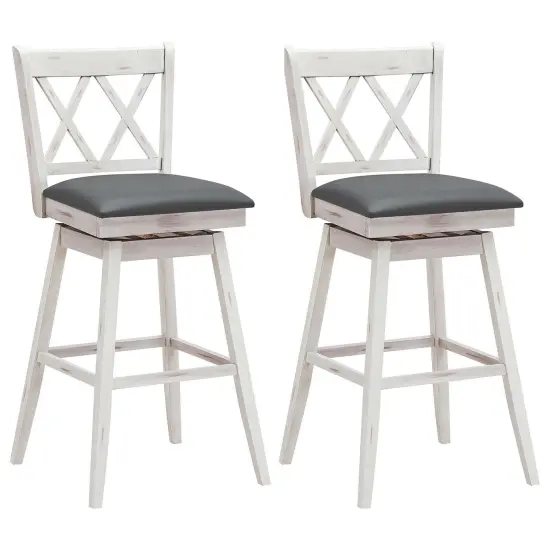 2 Pieces 29 Inches Swivel Counter Height Barstool Set with Rubber Wood Legs White {1}
