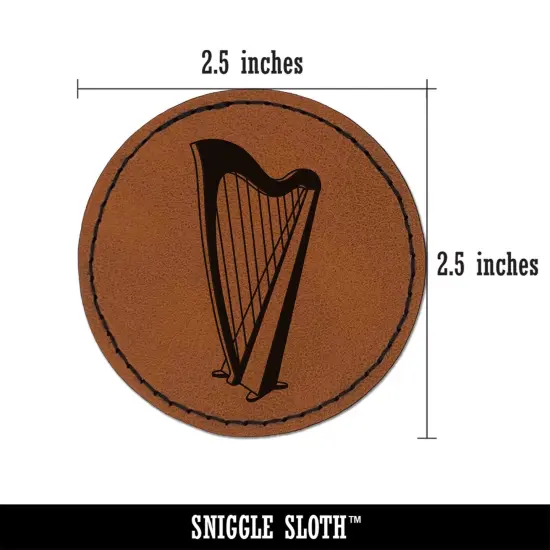 Harp String Instrument Round Iron-On Engraved Faux Leather Patch Applique - 2.5" Brown {2}