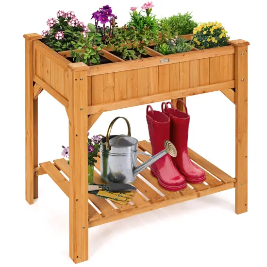 Costway 8 Grids Raised Garden Bed Elevated Planter Box Kit Wood w/Liner & Shelf {2}