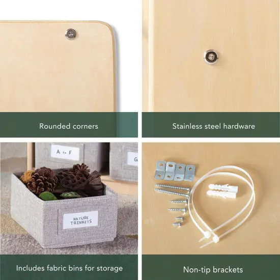 Edq Book and Bin Display Natural with 3 Fabric Storage Bins: Wooden Multi-Purpose Bookcases and Toy Storage Organizer; Homeschool and Classroom Furniture White {3}