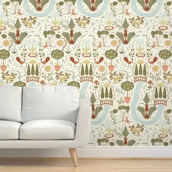 Peel & Stick Wallpaper 2FT Wide Multicolor. Birds Rabbit Whimsical Peacock Illustration Folk Garden Italian Terracotta Tuscany Fountains Large Scale Custom Removable Wallpaper by Spoonflower {5}