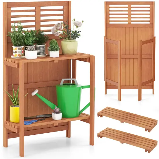 Costway Wood Potting Bench Waterproof Garden Table with 2-Tier Open Storage Shelf {1}