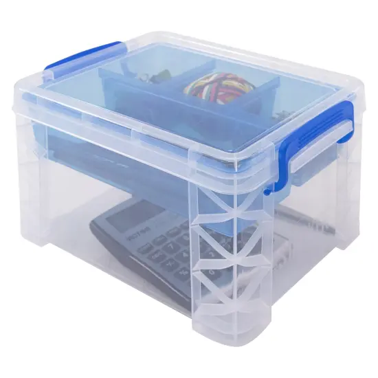 Storage Studios Super Stacker Divided Storage Box-6.38"X7.25"X10.88 Clear/Blue Handles {3}