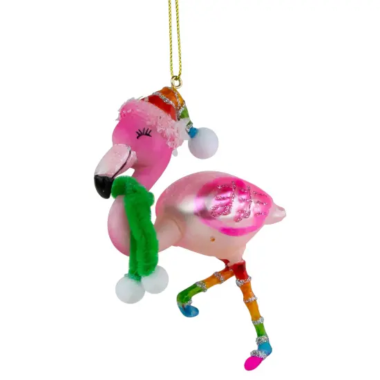 Northlight 4.25" Pink Flamingo with Rainbow Hat Glass Christmas Ornament {5}
