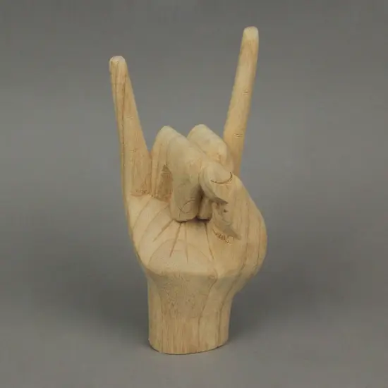 Carved Wooden Rock On Devil Horns Hand Gesture Statue Natural Finish Home Decor {7}