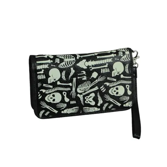 Glow in the Dark Skeleton Print Black Vinyl Wallet With Removable Wrist Strap {1}