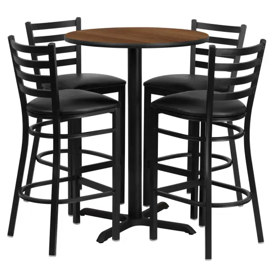 Emma and Oliver 30" Round Laminate Table Set with X-Base and 4 Ladder Back Stools WalnutTop/BlackVinyl {1}