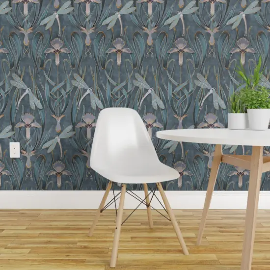 Pre-Pasted Wallpaper 2FT Wide Art Nouveau Deco Gray Blue Nature Floral Lillies 1920S Custom Pre-pasted Wallpaper by Spoonflower {1}