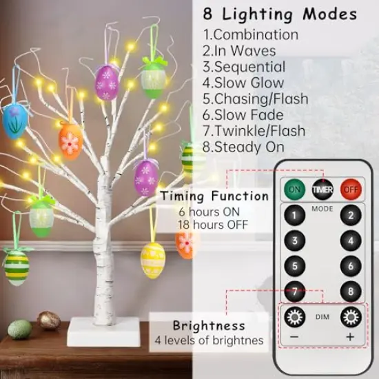12 Pieces 24" Easter Lighted Birch Tree withOrnaments,Warm White LED Birch Tree Light Tabletop Artificial Tree 8 Lighting Modes USB or Batteries Operated with Timer for Easter Decor {5}