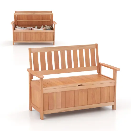 Patio Hardwood Storage Bench With Slatted Backrest {3}