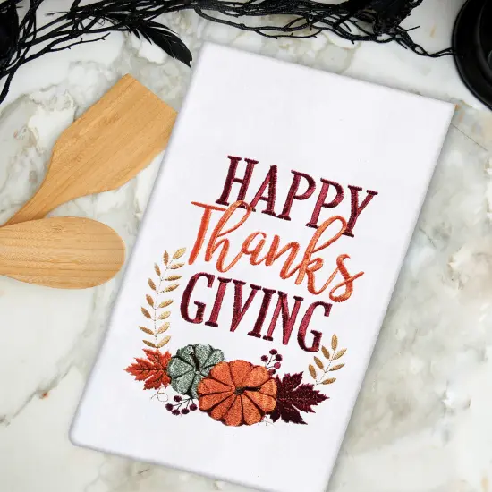 "Happy Thanksgiving" Pumpkin Harvest Thanksgiving Machine Washable Cotton Flour Sack Dishtowel {4}