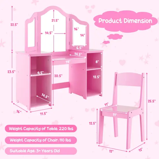 Kids Vanity Table and Chair Set with Removable Tri-Folding Mirror Pink {5}