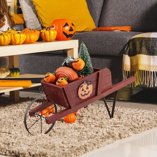 Wooden Wagon Planter With 9 Magnetic Accessories For Garden Yard Red {2}