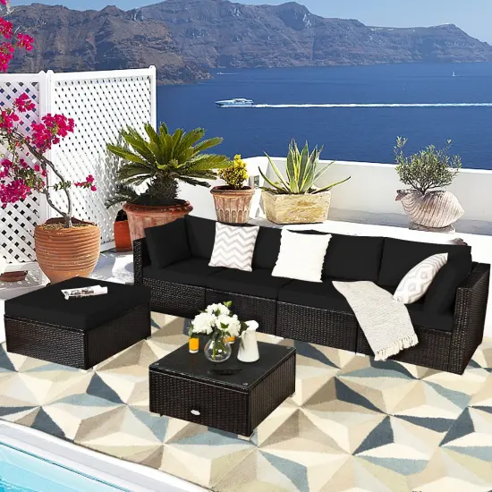 6 Pieces Outdoor Patio Rattan Sectional Sofa Set With Coffee Table Black {6}